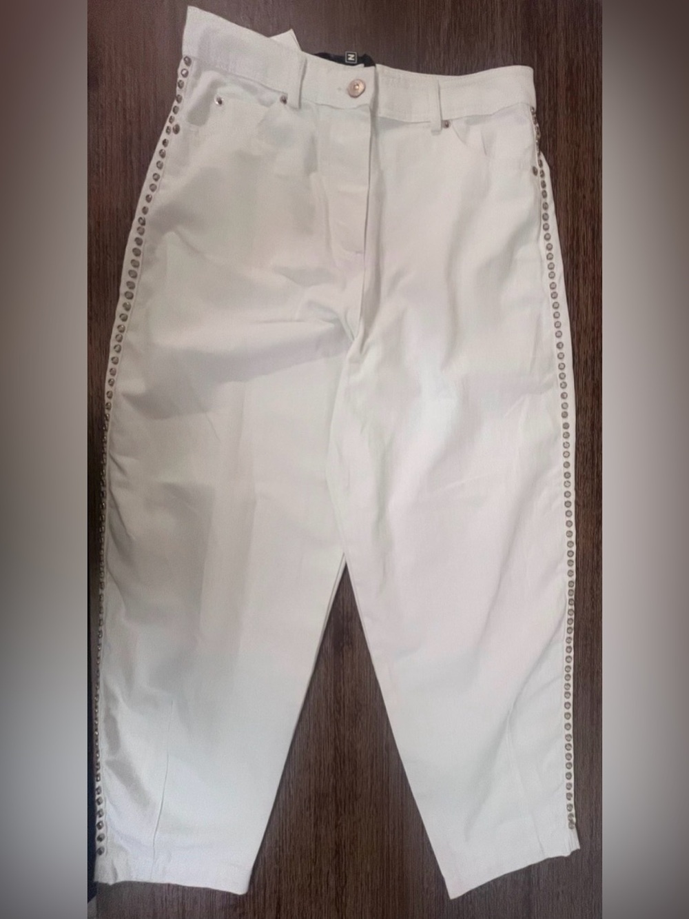 Nocturne Ecru color high rise Denim pants with silver studs, size S,4-6